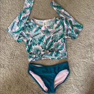 Tropical Leaf Print Kids Swim Set
